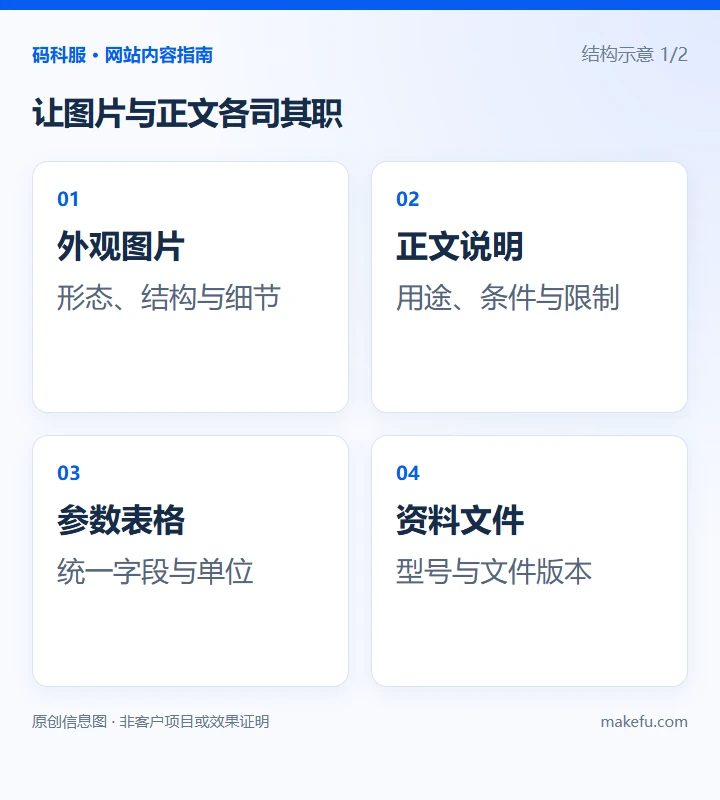 让图片与正文各司其职:外观图片,形态、结构与细节;正文说明,用途、条件与限制;参数表格,统一字段与单位;资料文件,型号、版本与下载说明。结构示意。